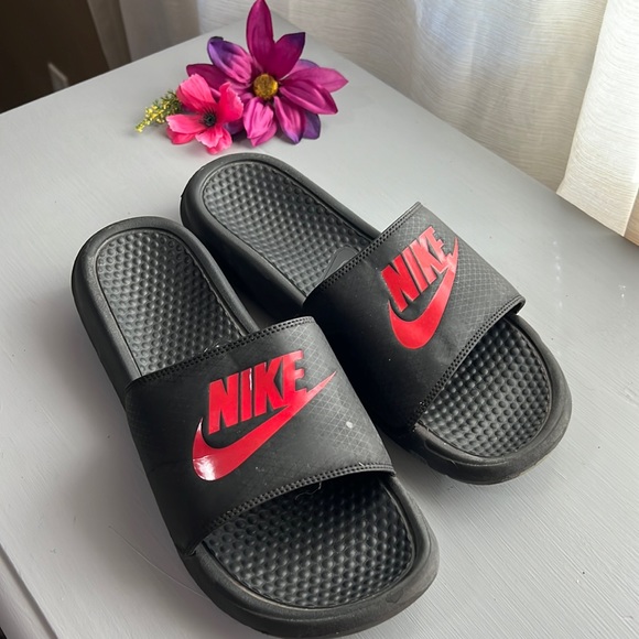 Nike Other - Nike mens US 11 slides. Black with red Nike emblem. Gently used.